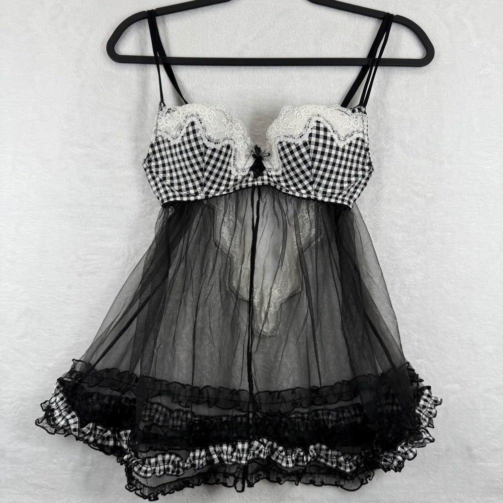 Victoria's Secret Gingham Lace Babydoll Lingerie Black White 34B 11003445 04/13